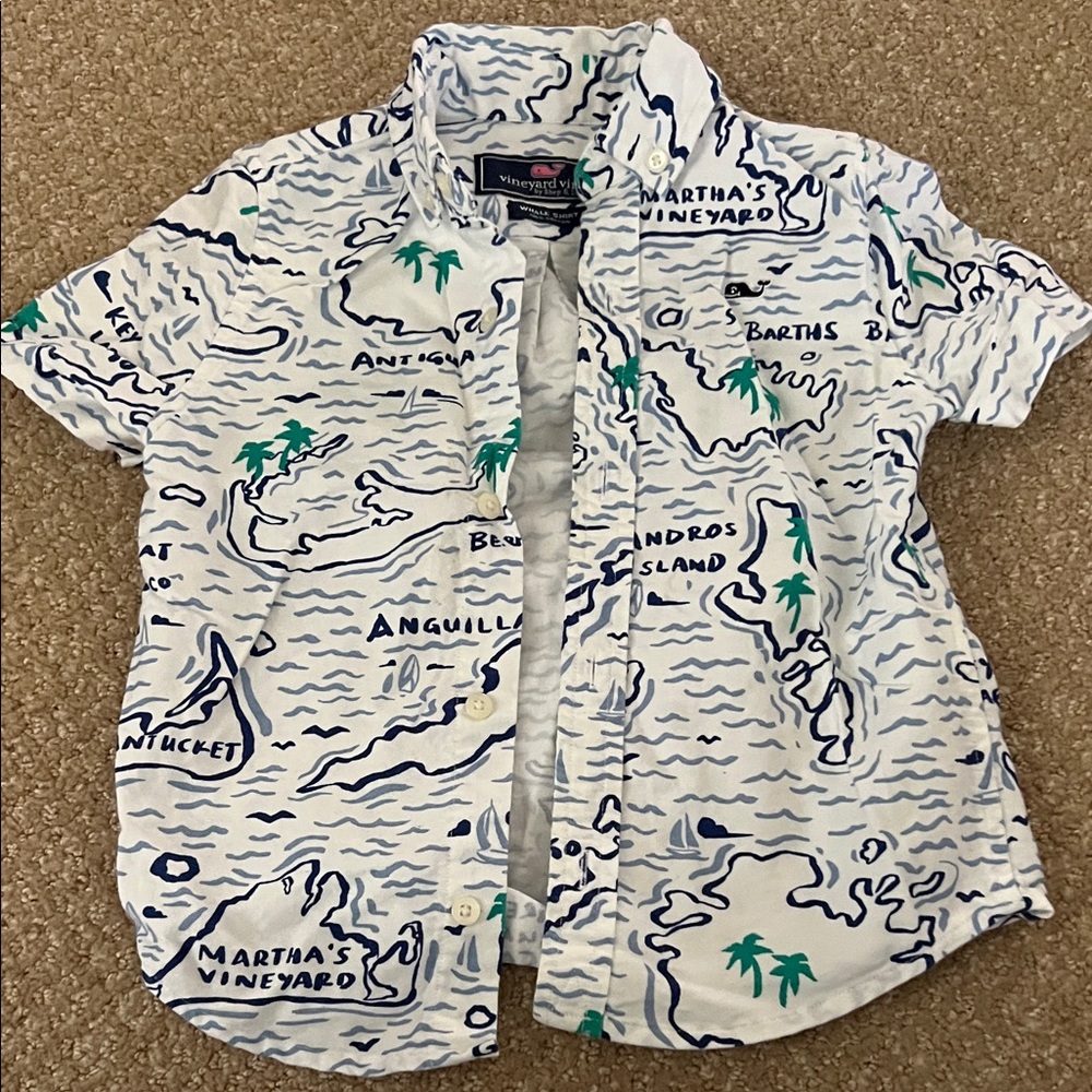 Vineyard Vines Kids White and Blue Map Print Shirt
